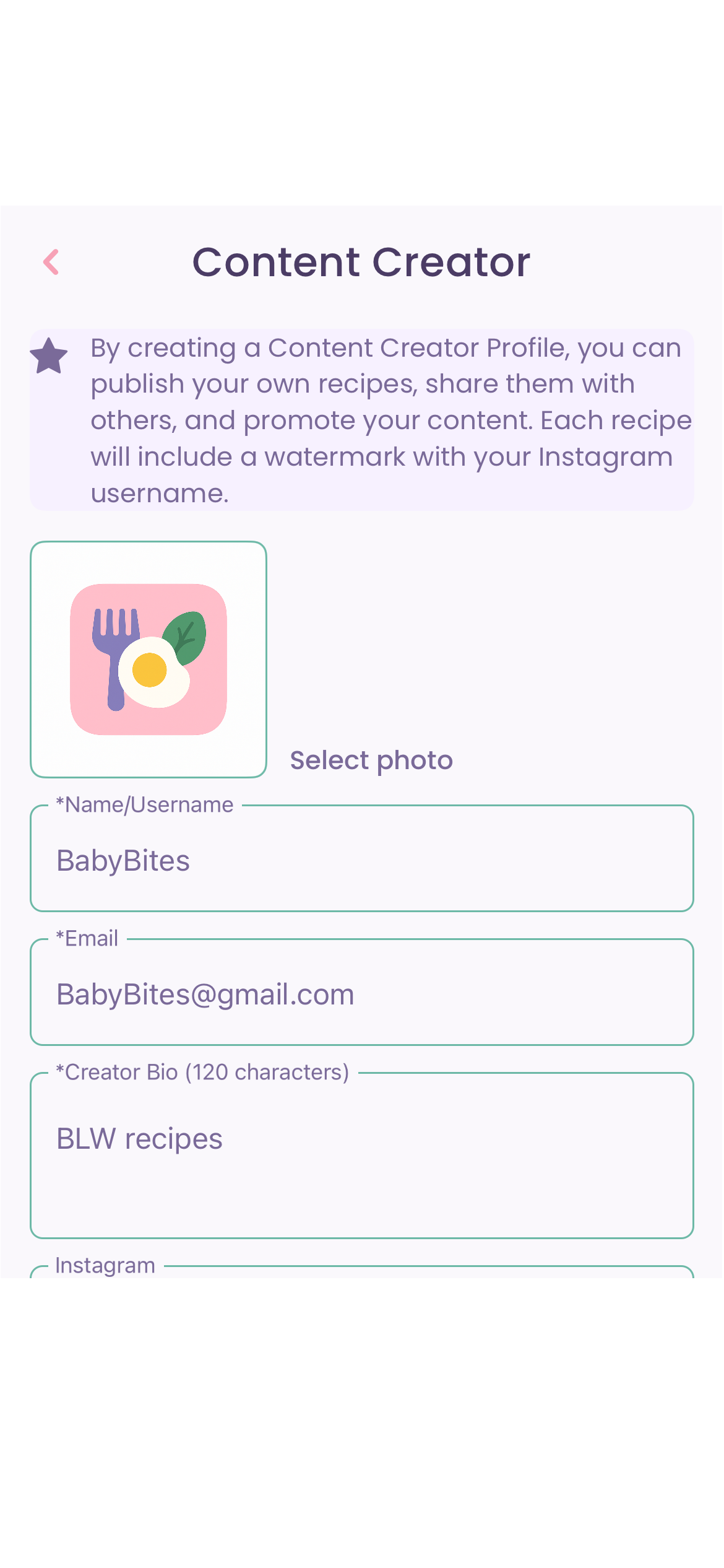 Content creator profile app screen